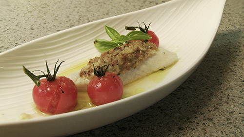 Filet de doré, duxelles de champignons et bacon, tomates confites